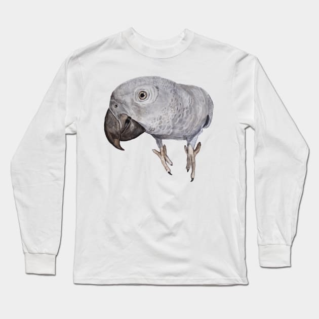 African Gray Parrot Tropical Bird Watercolor Art Print Long Sleeve T-Shirt by Oranjade0122